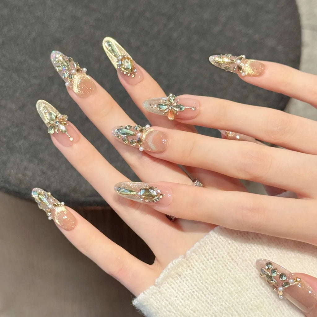 Faux ongles à pression Ovale Long Champagne Zircon French Diamant Œil de Chat - Faits main (Lot de 10)