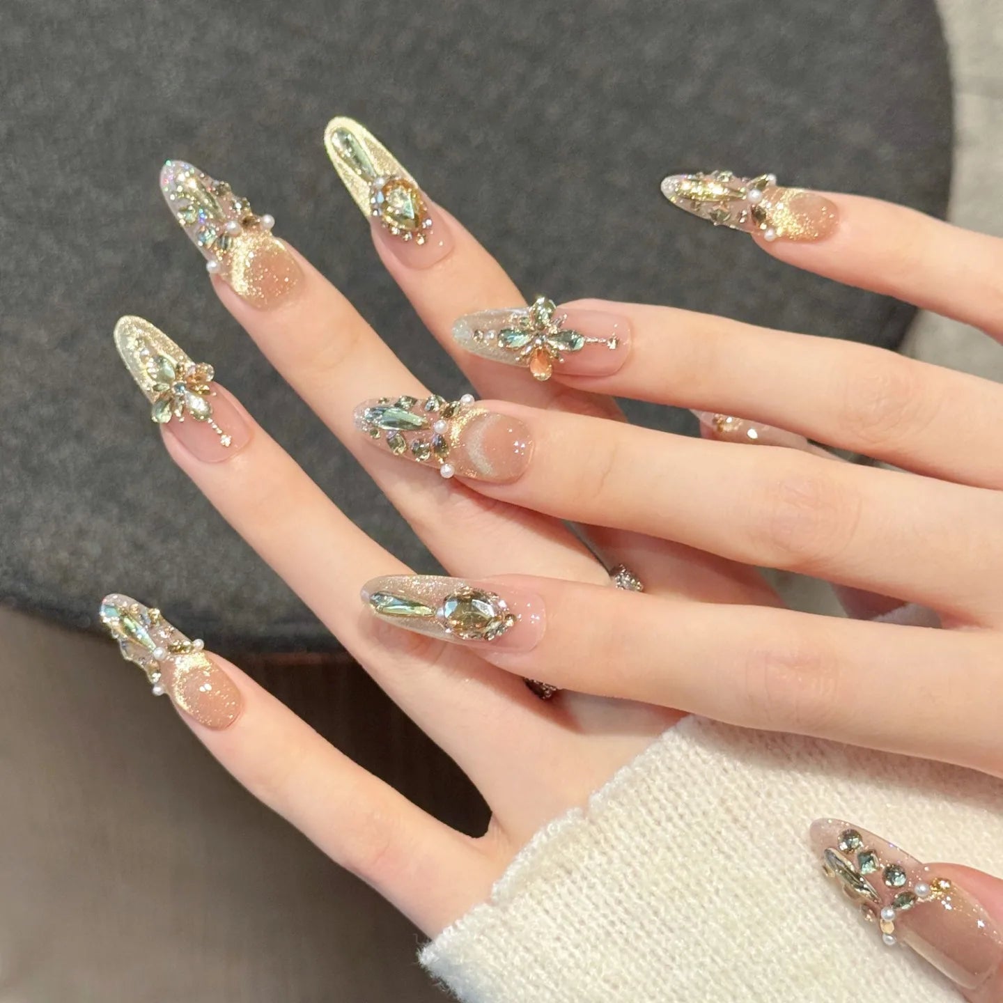 Faux ongles à pression Ovale Long Champagne Zircon French Diamant Œil de Chat - Faits main (Lot de 10)