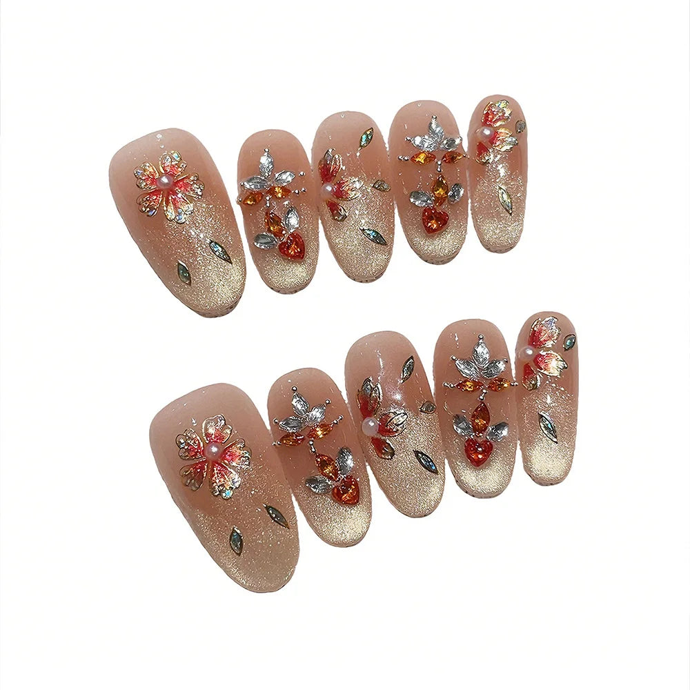 Faux ongles à pression en Amande - Nude Doré Fleurs Strass Multicolores – Faits main (Lot de 10)