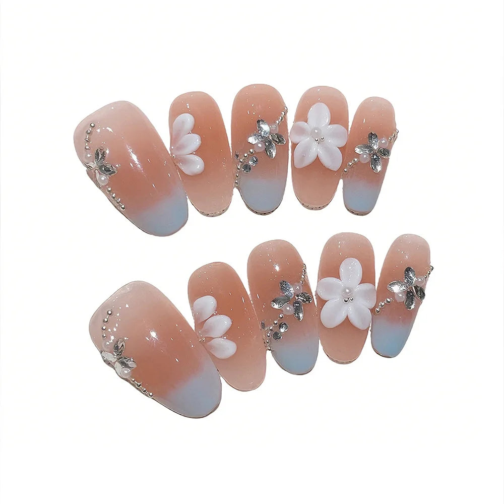Faux ongles Ovales Pêche Fleur Étoile– Faits main (Lot de 10)