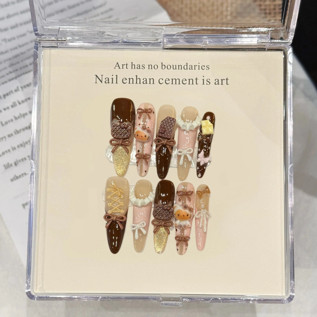 Faux ongles à pression Stiletto Long Brun Ballet Poudré Automnal Œil de Chat - Faits main (Lot de 10)