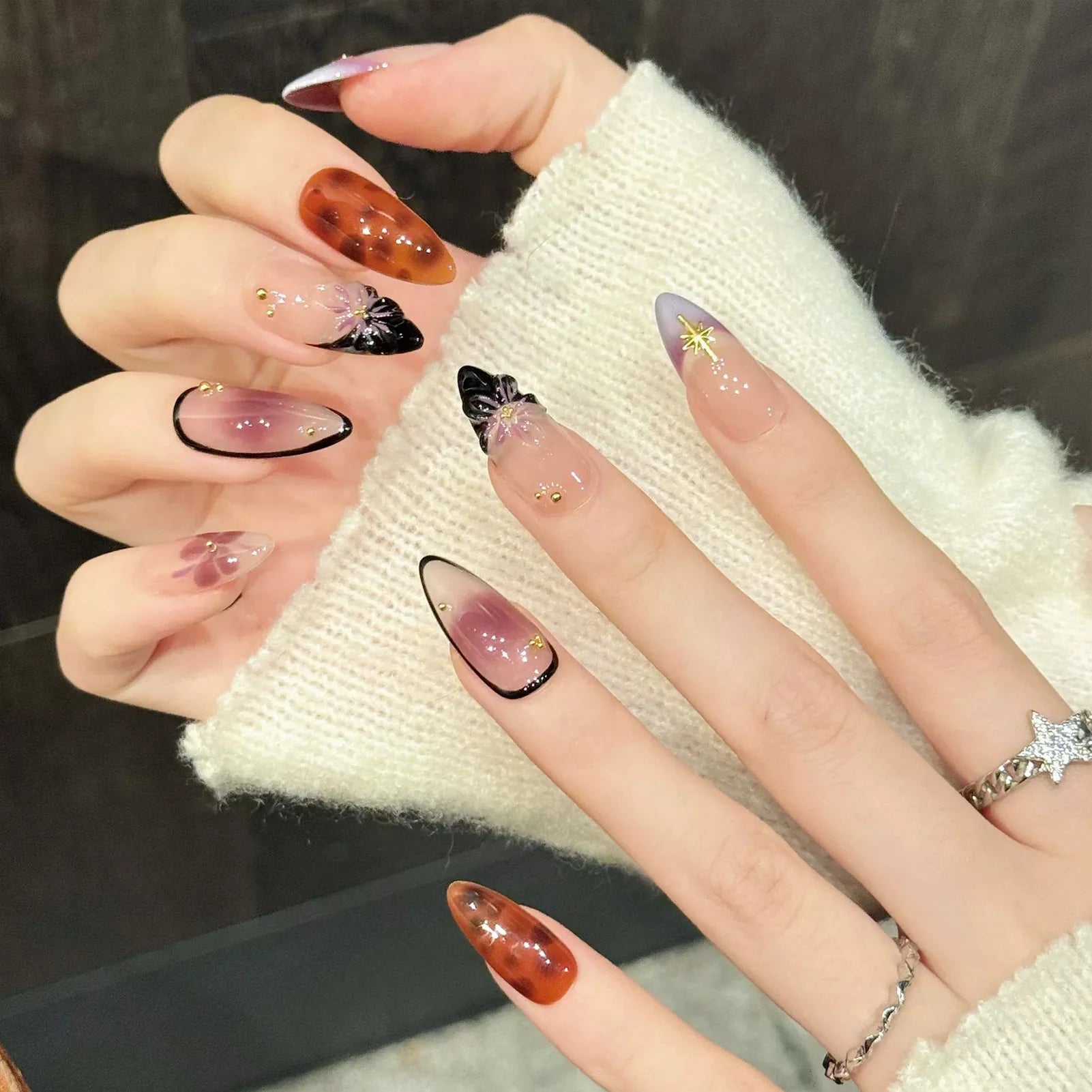 Faux ongles à pression Amande Moyen Rose Violet Dégradé Fleurs Sculptées 3D Étoiles - Faits main (Lot de 10)