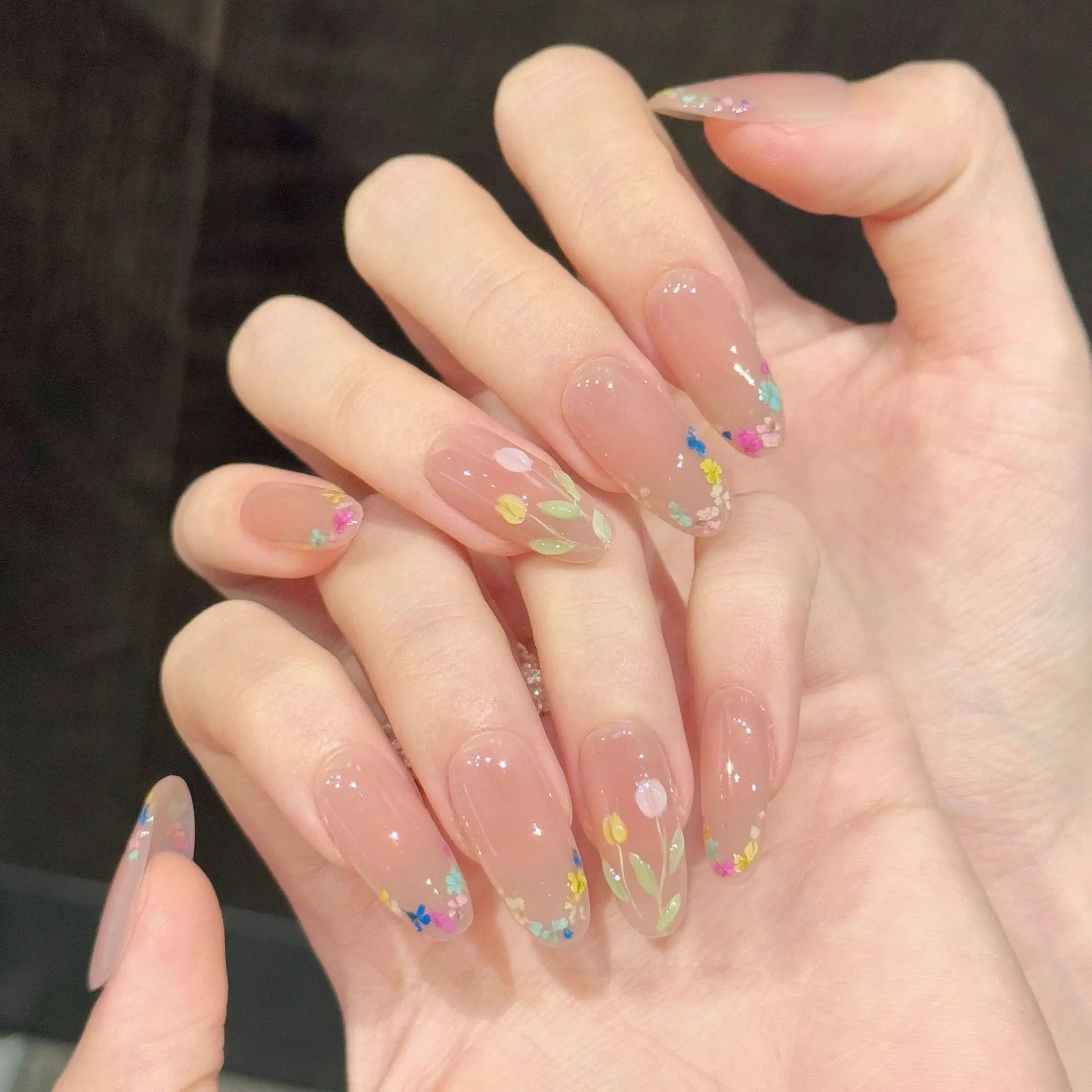 Faux ongles à pression Ovale Beige Rosé Fleurs Peintes et Fleurs Séchées - Faits main (Lot de 10)