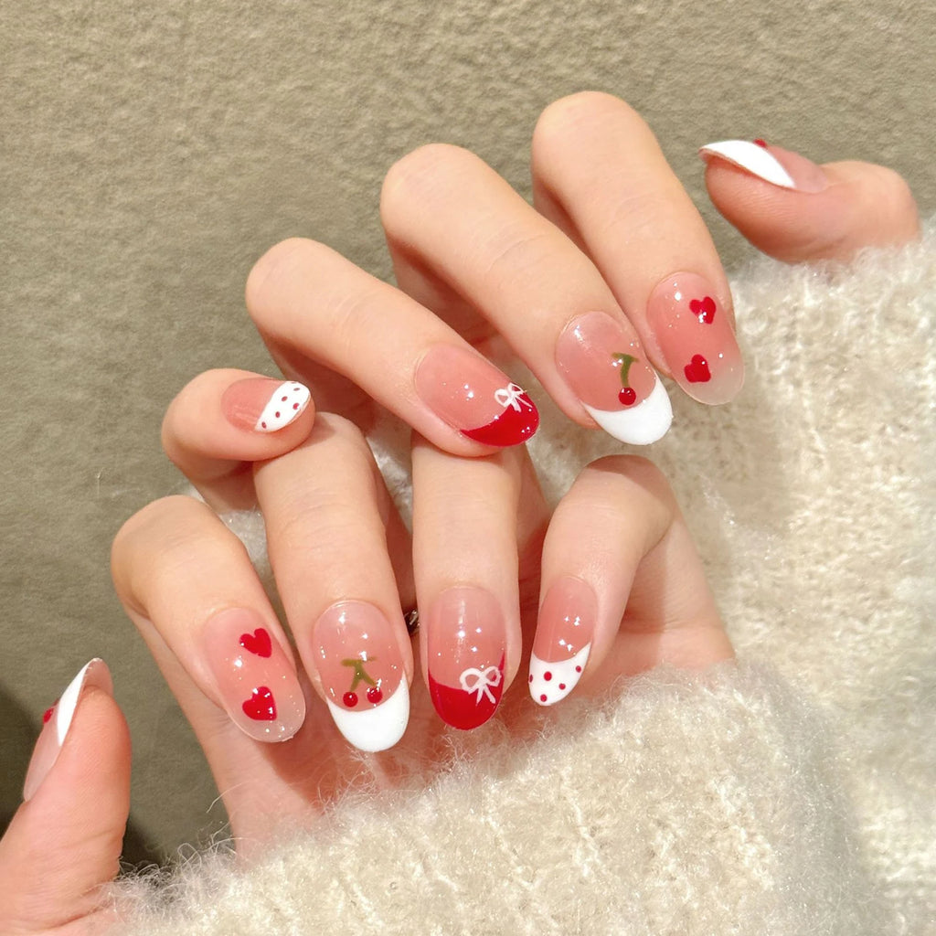 Faux ongles à pression Ovale Court Rose Cerises Fraîches - Faits main (Lot de 10)