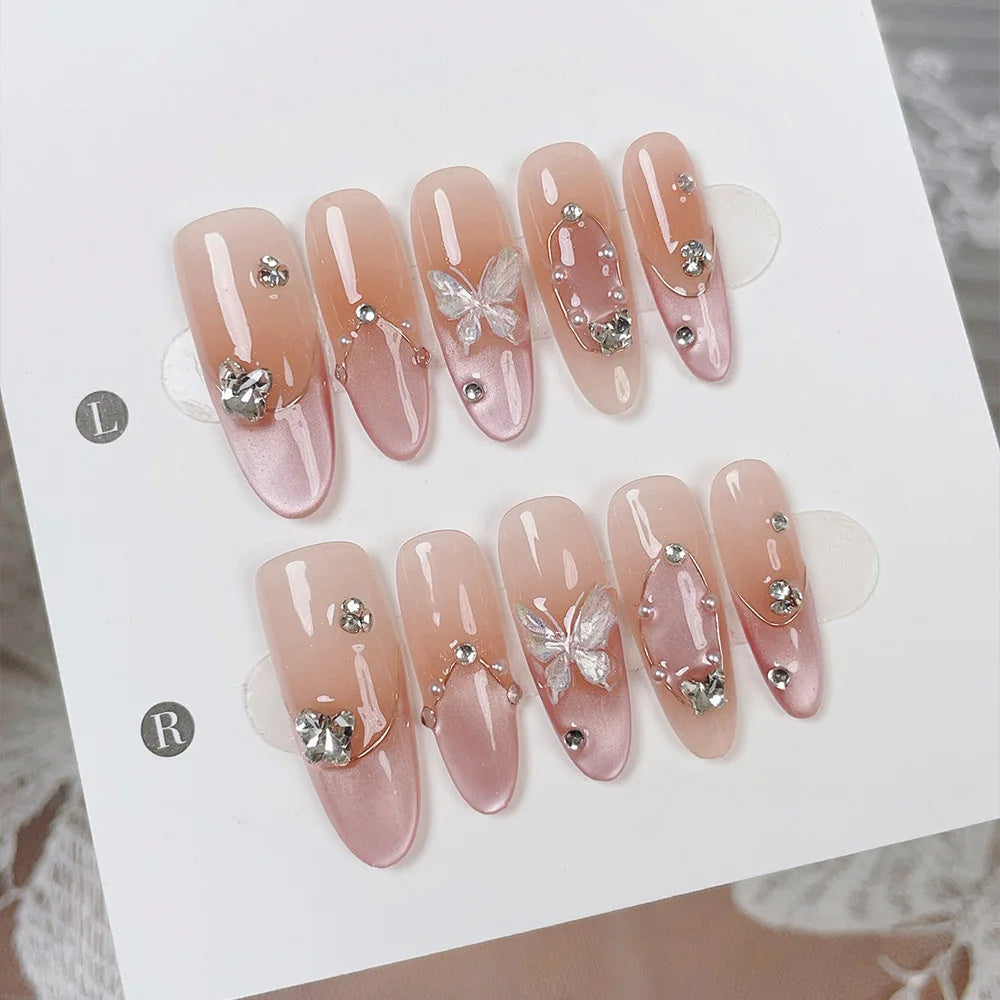Faux ongles à pression Ovales - Dégradé Pêche Rose Papillon Cristal – Faits main (Lot de 10)