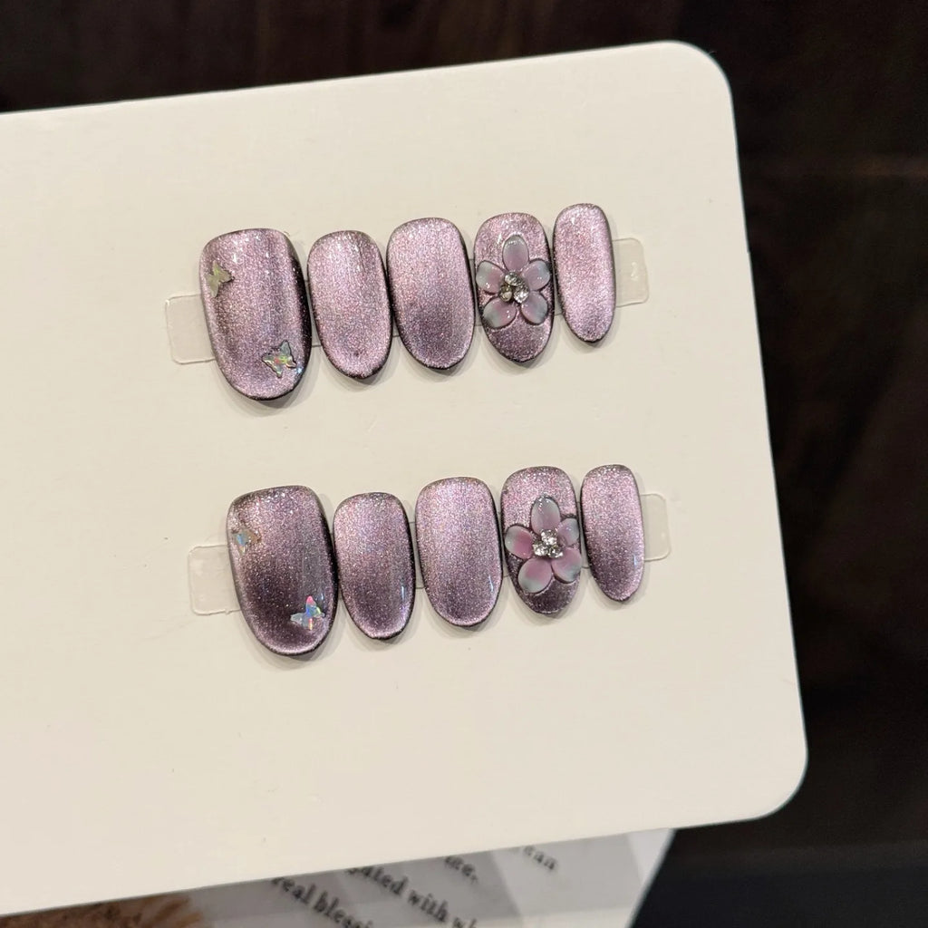 Faux ongles à pression Ovale Violet Effet Miroir Fleurs Papillons - Faits main (Lot de 10)