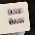 Faux ongles à pression Ovale Violet Effet Miroir Fleurs Papillons - Faits main (Lot de 10)