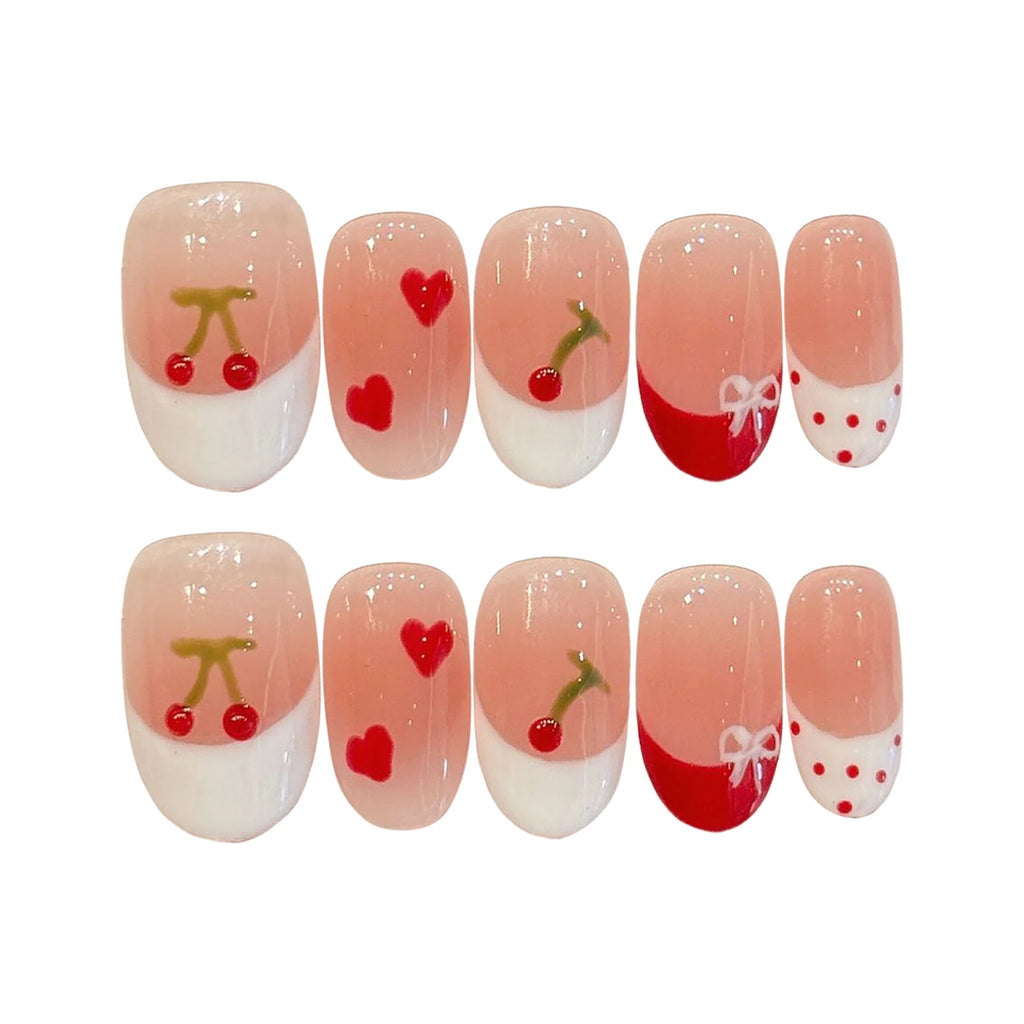 Faux ongles à pression Ovale Court Rose Cerises Fraîches - Faits main (Lot de 10)