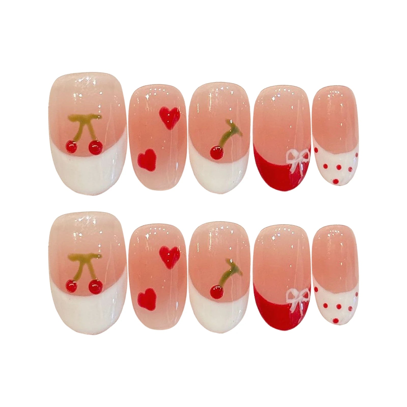 Faux ongles à pression Ovale Court Rose Cerises Fraîches - Faits main (Lot de 10)
