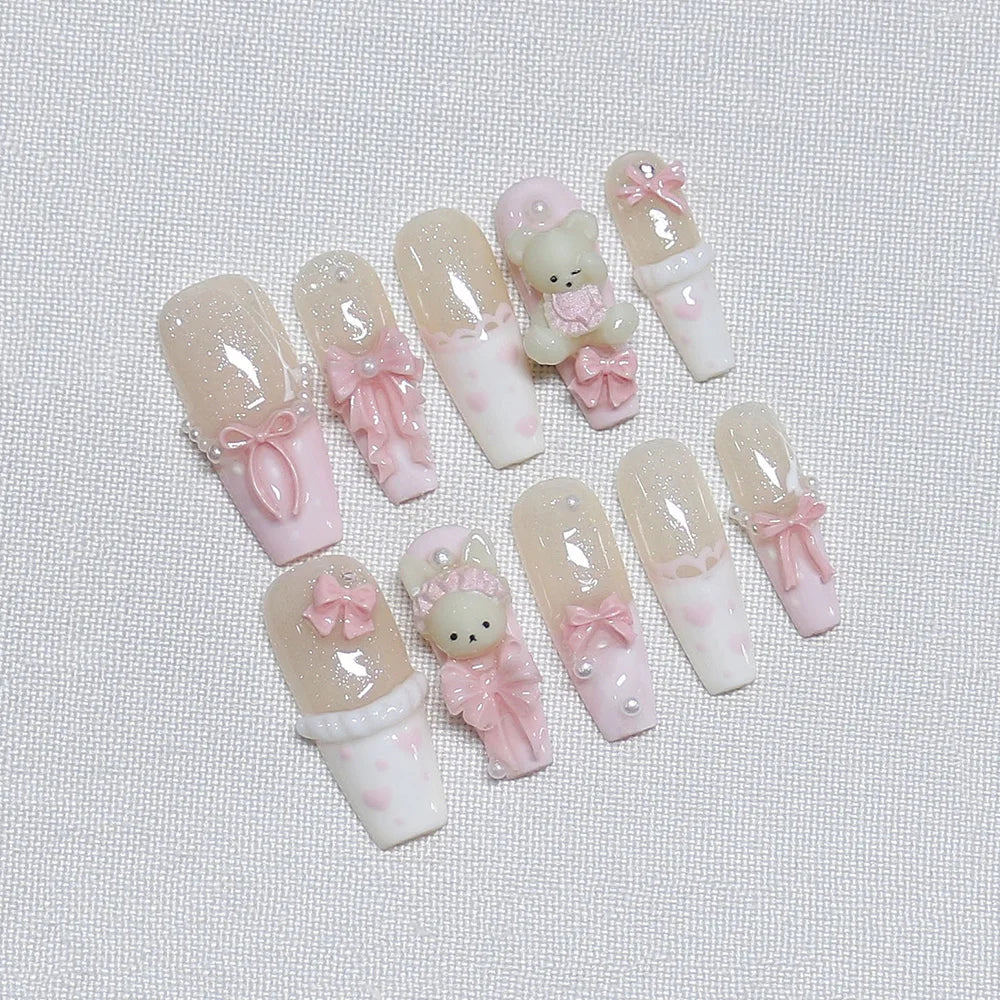 Faux ongles à pression Blanc Rose Ourson Nœud – Ballerine - Faits main (Lot de 10)