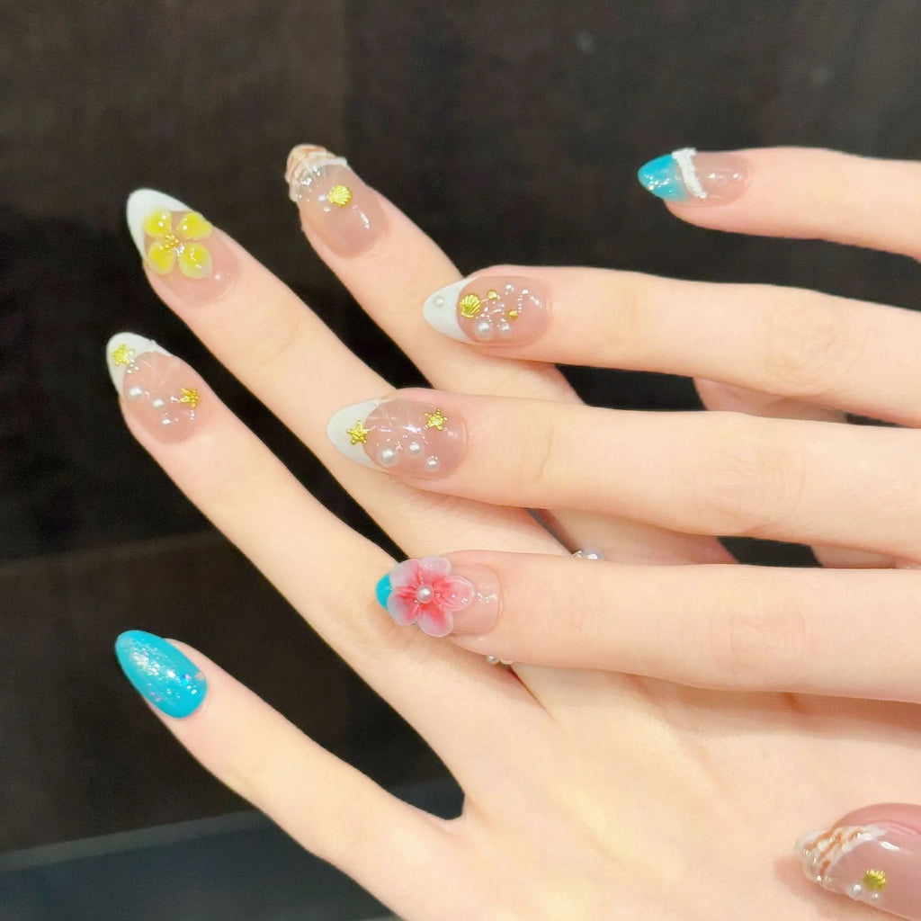 Faux ongles à pression Amande Moyen Vent Océanique Frais Fleurs Coquillages - Faits main (Lot de 10)