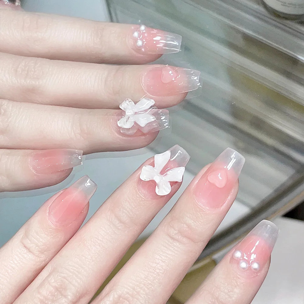 Faux ongles à pression Trapèze Court Rose Strass Cœur Nœud Kawaii - Faits main (Lot de 10)