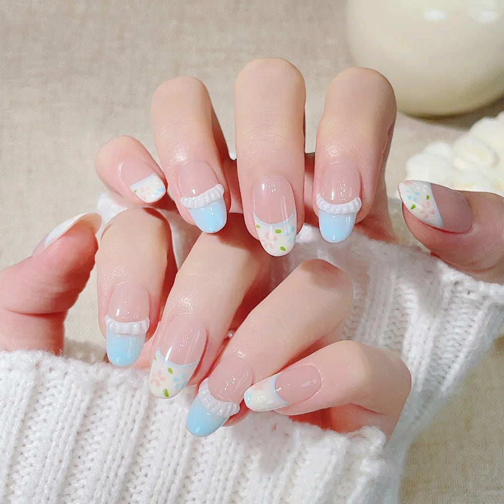 Faux ongles à pression en Amande -  French Rose Bleu Fleuri – Faits main (Lot de 10)
