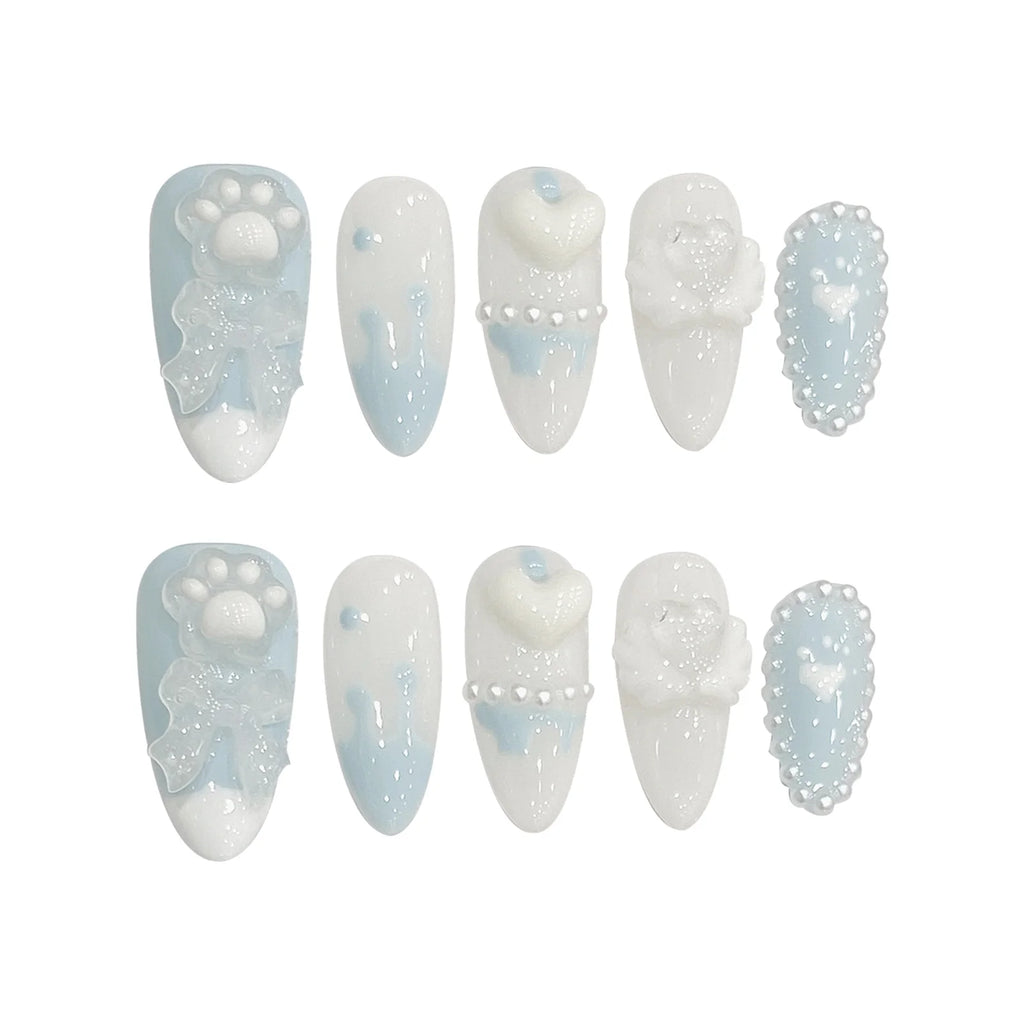 Faux ongles à pression Amande Bleu Nœud et Cœur 3D - Faits main (Lot de 10)