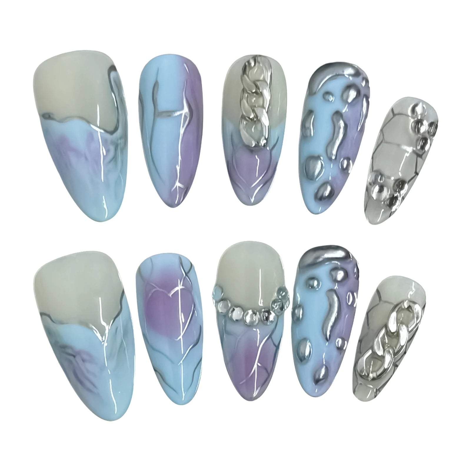 Faux ongles à pression Amande Moyen Argenté Étoiles Style Punk Y2K - Faits main (Lot de 10)