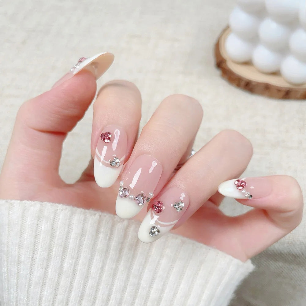 Faux ongles en Amande French Rose Cristal – Faits main (Lot de 10)