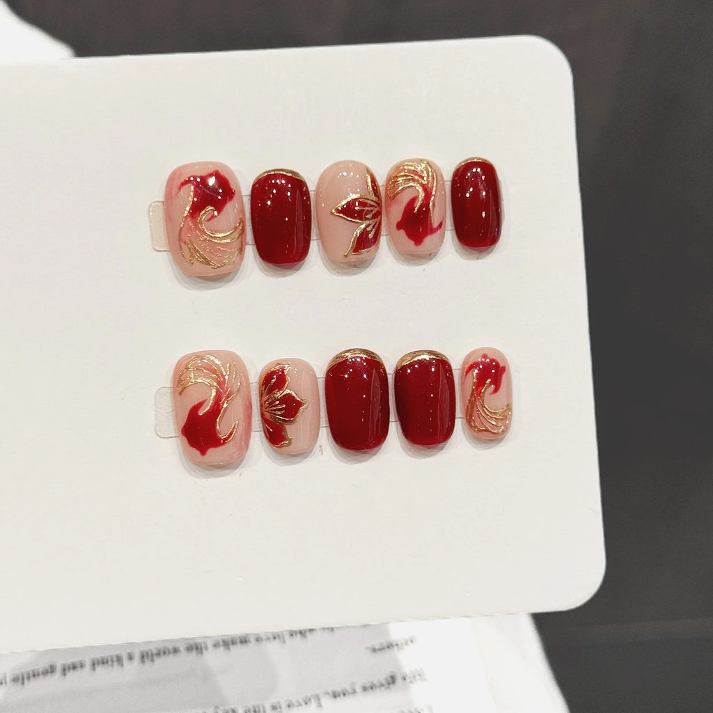 Faux ongles à pression Ovale Court Carpes Koï Dorées Style Chinois - Faits main (Lot de 10)