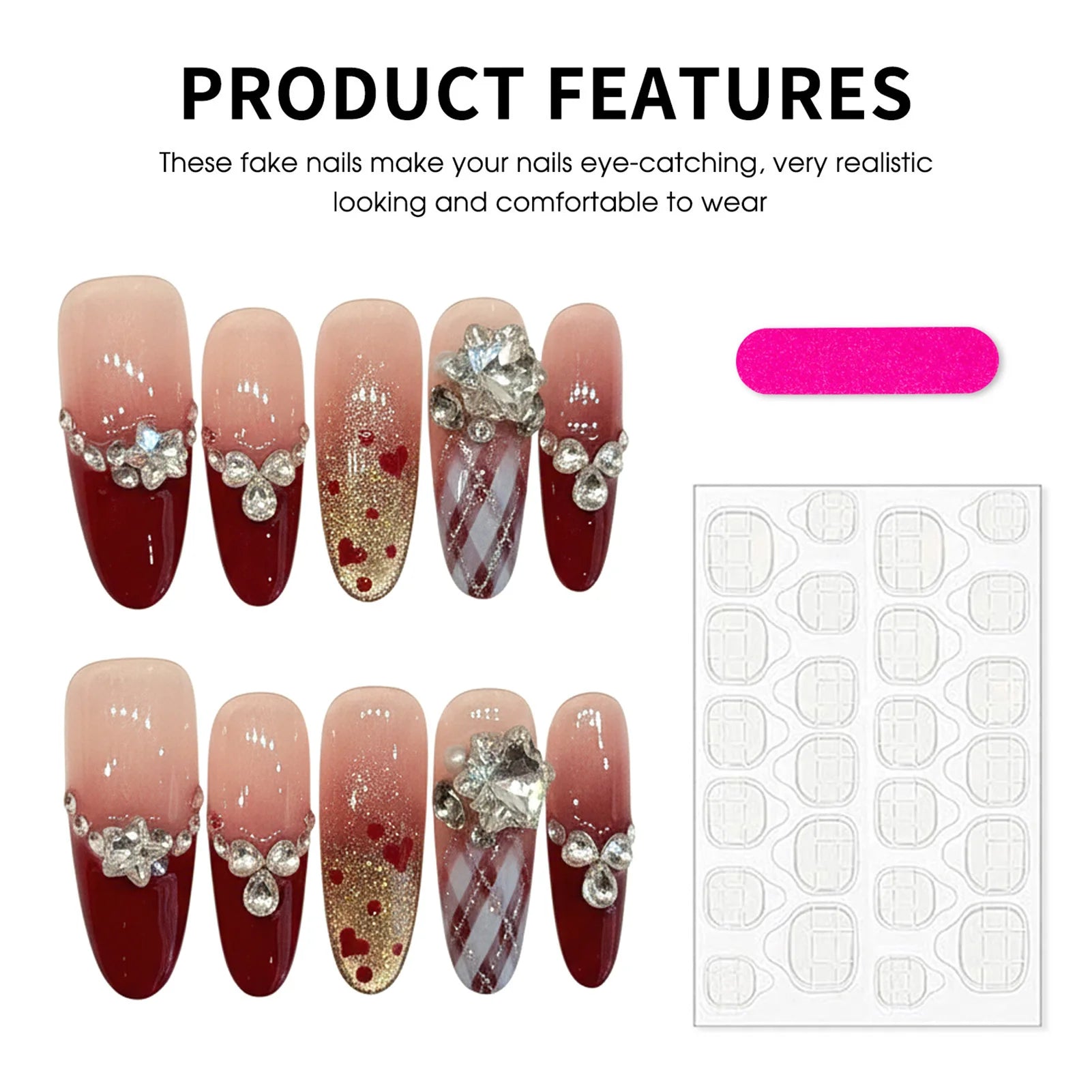 Faux ongles à pression Rouge Glamour et Cristaux - Faits main (Lot de 10)
