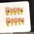 Faux ongles à pression Amande Moyen Dégradé Vert Jaune Coccinelle Abeille Forêt - Faits main (Lot de 10)
