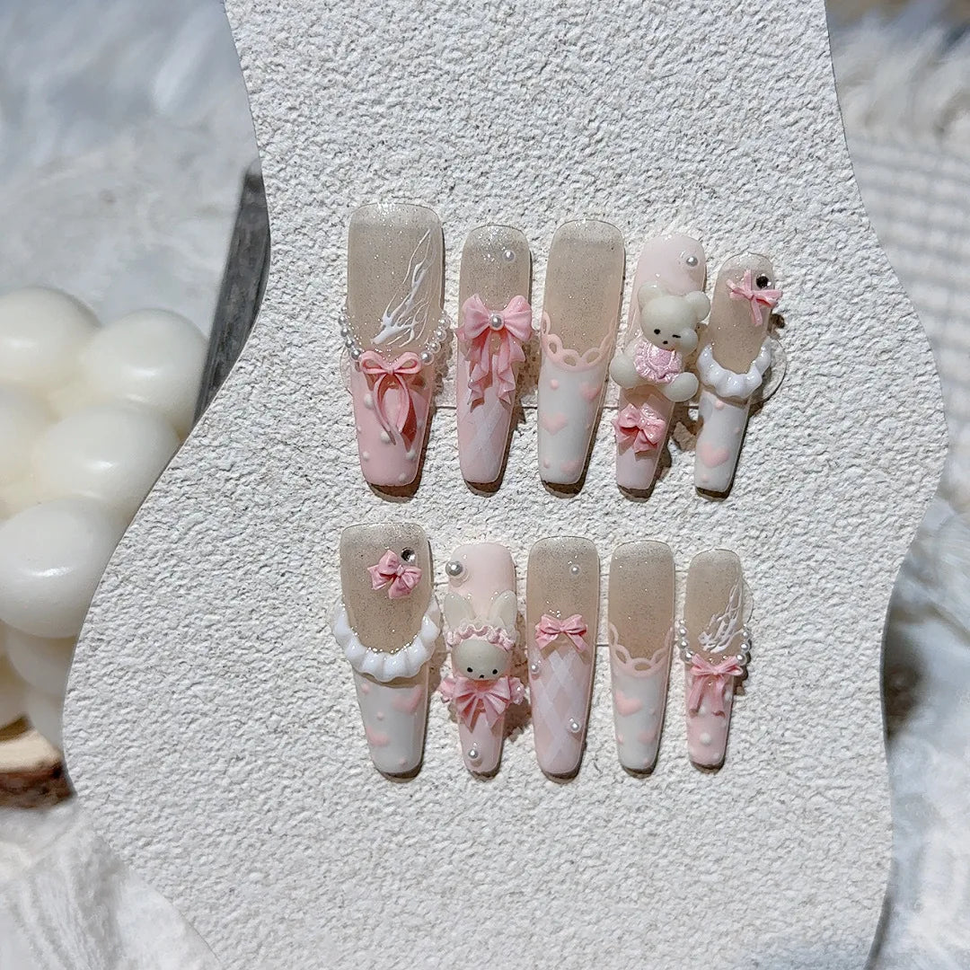 Faux ongles à pression Ballerine Long  Rose Nœud Ourson Style Coréen - Faits main (Lot de 10)