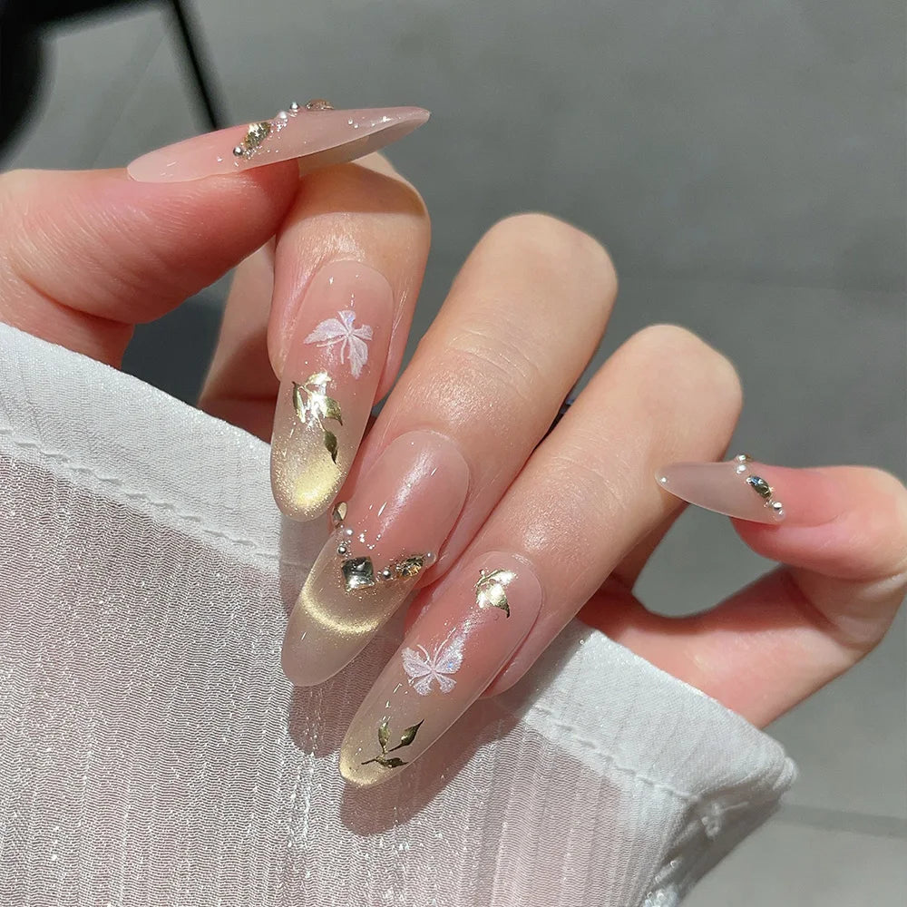 Faux ongles à pression Ovale Long Nude Rose Papillon Feuilles Dorées - Faits main (Lot de 10)