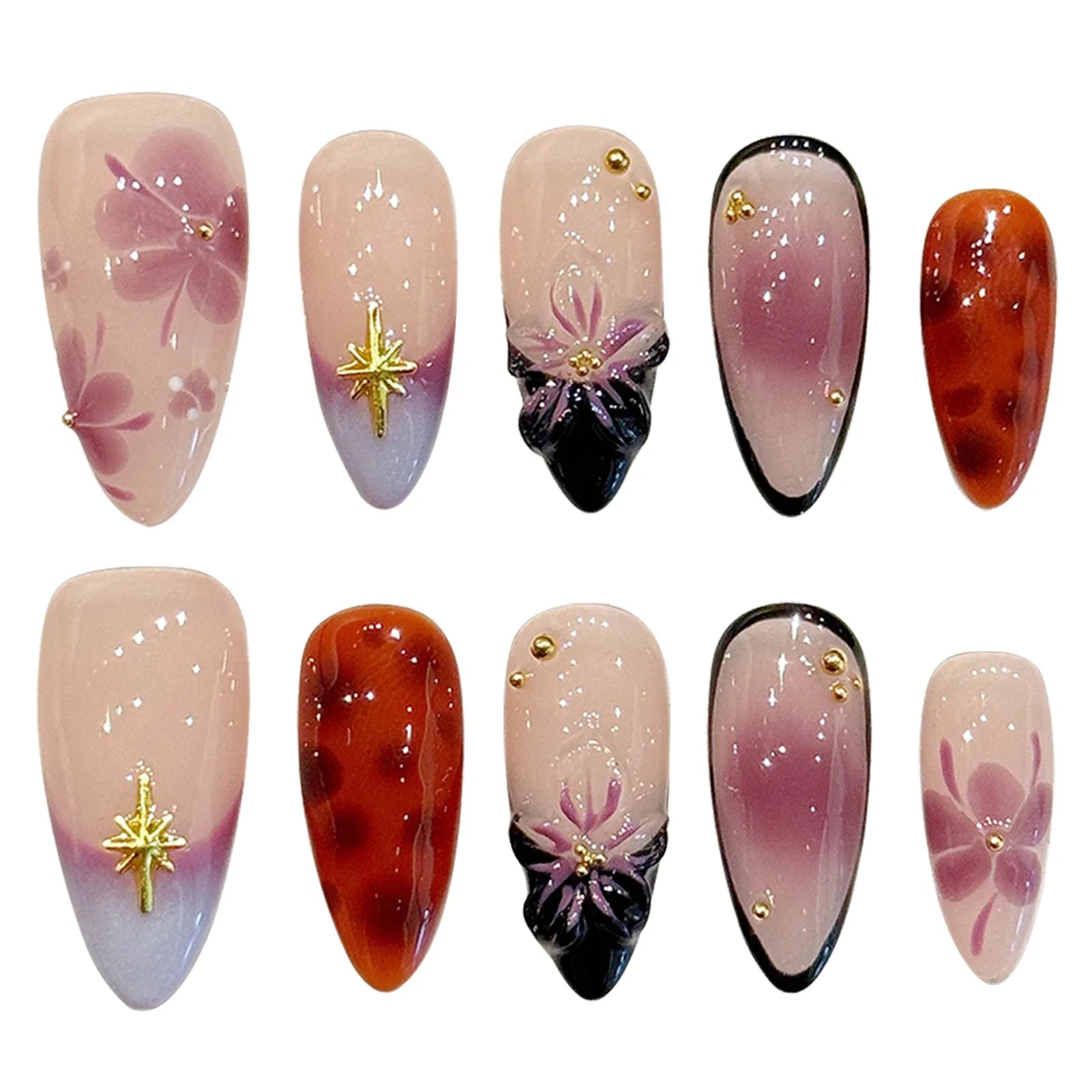 Faux ongles à pression Amande Moyen Rose Violet Dégradé Fleurs Sculptées 3D Étoiles - Faits main (Lot de 10)