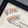 Faux ongles à pression Amande Moyen Bleu Poudré Brillant Queue de Poisson - Faits main (Lot de 10)