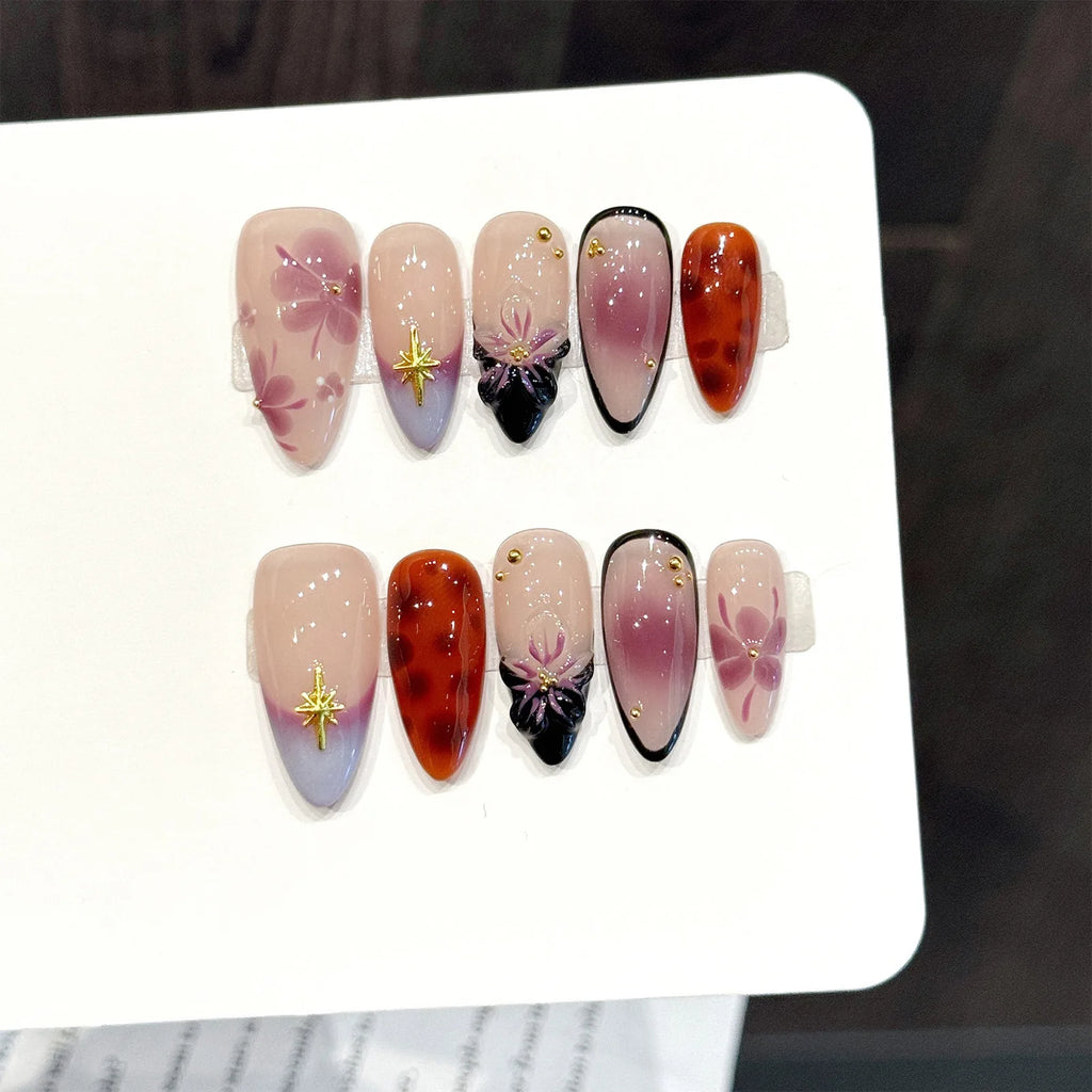 Faux ongles à pression Amande Moyen Rose Violet Dégradé Fleurs Sculptées 3D Étoiles - Faits main (Lot de 10)
