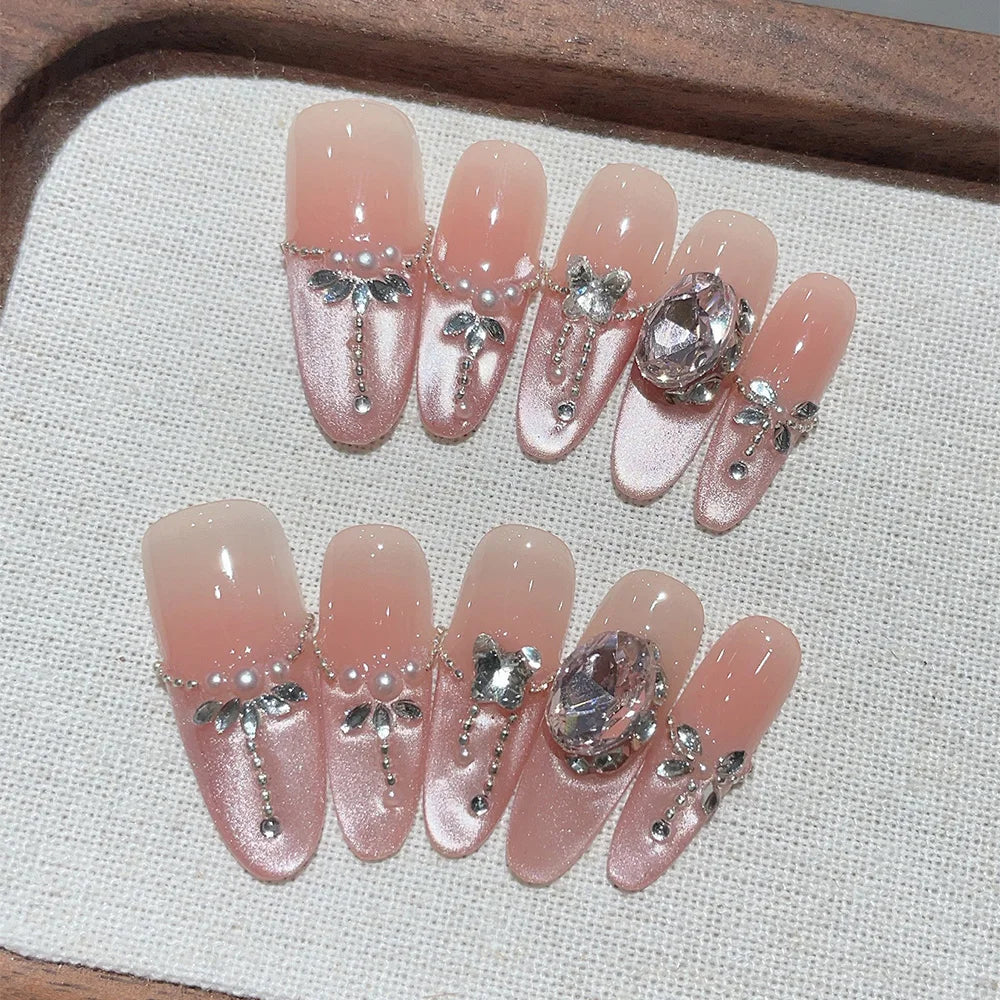 Faux ongles à pression en Amande - Rose Dégradé Strass Libellule – Faits main (Lot de 10)