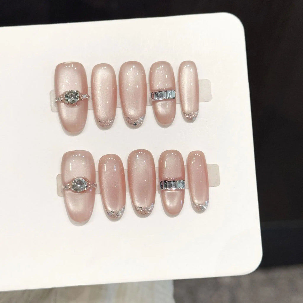 Faux ongles à pression Ovale Moyen Nude Rose Œil de Chat French Brillante - Faits main (Lot de 10)