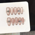 Faux ongles à pression Ovale Moyen Nude Rose Œil de Chat French Brillante - Faits main (Lot de 10)
