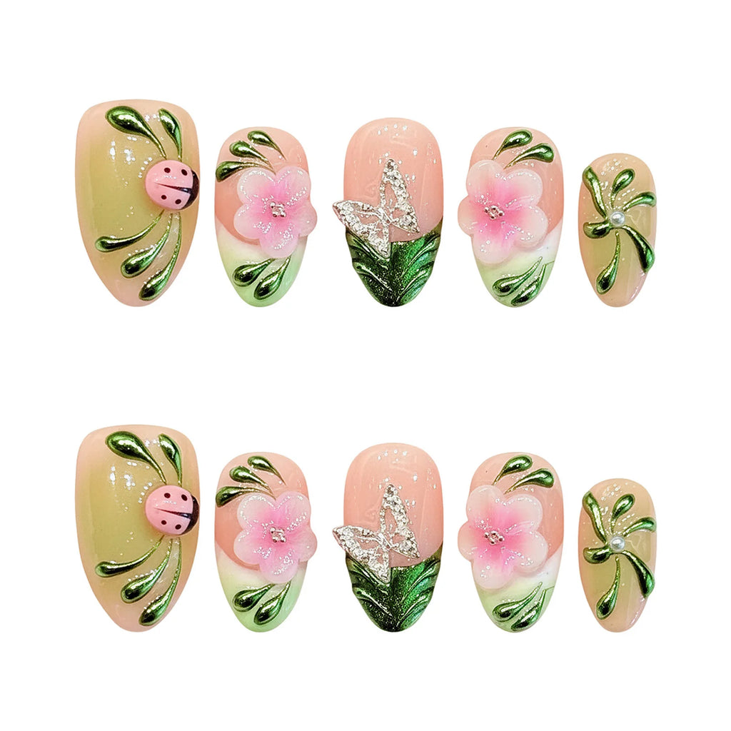 Faux ongles à pression Amande Moyen Rose Vert Dégradé Fleurs Effet Miroir - Faits main (Lot de 10)
