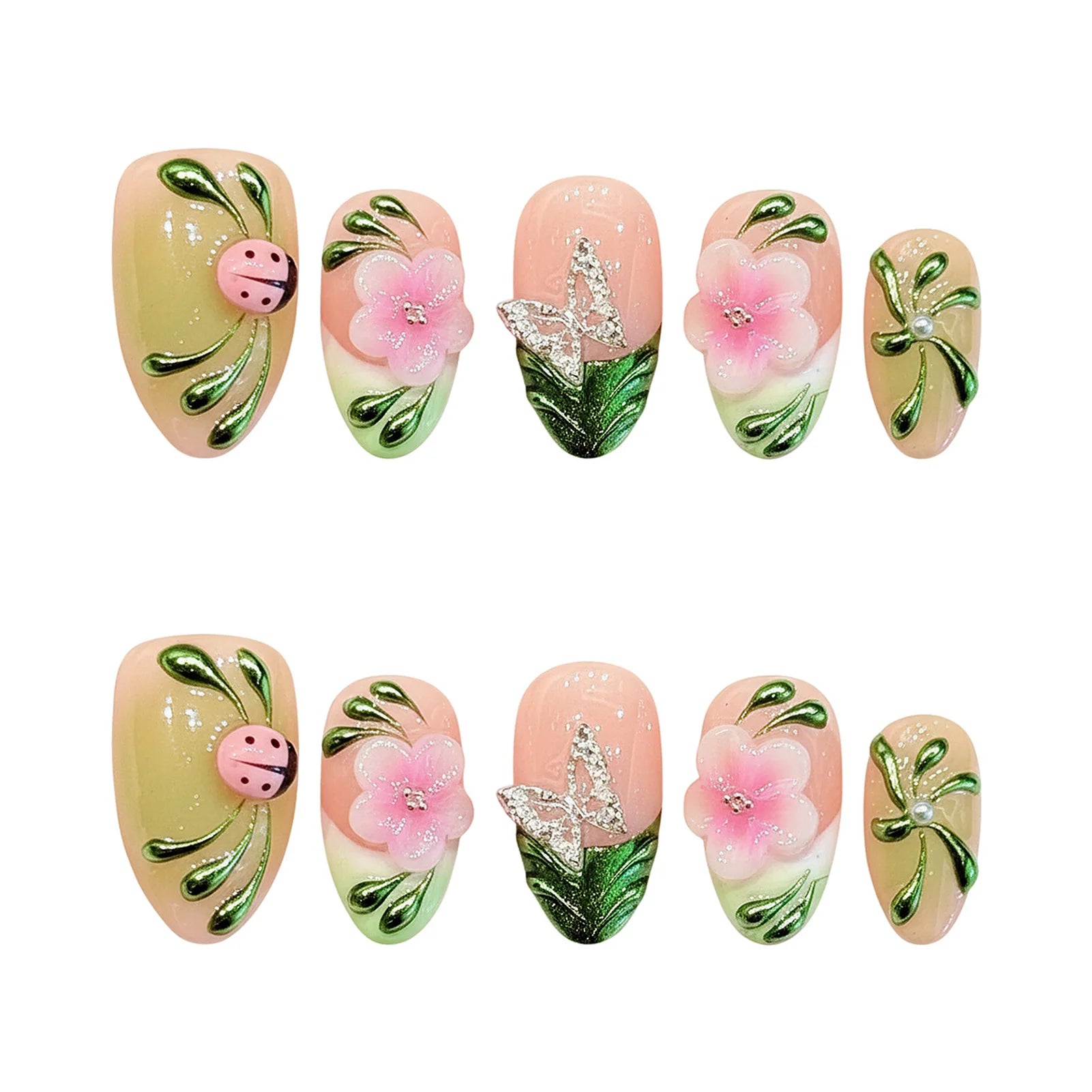 Faux ongles à pression Amande Moyen Rose Vert Dégradé Fleurs Effet Miroir - Faits main (Lot de 10)