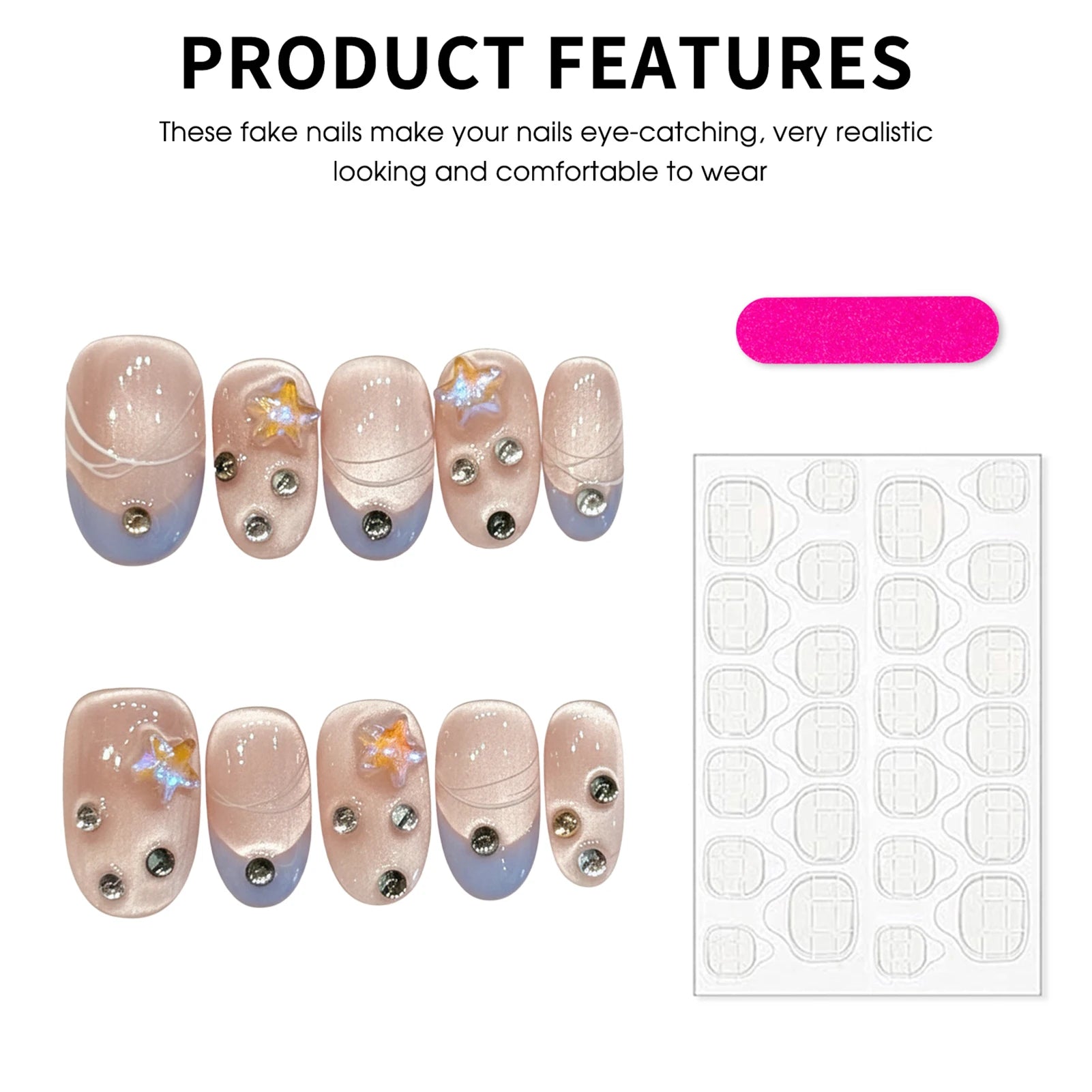 Faux ongles à pression Ovale Court Rose Aurora Étoiles Strass - Faits main (Lot de 10)
