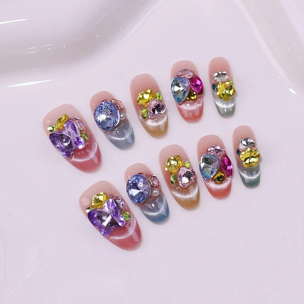 Faux ongles à pression Ovale Moyen Multicolore Candy Party Festif - Faits main (Lot de 10)