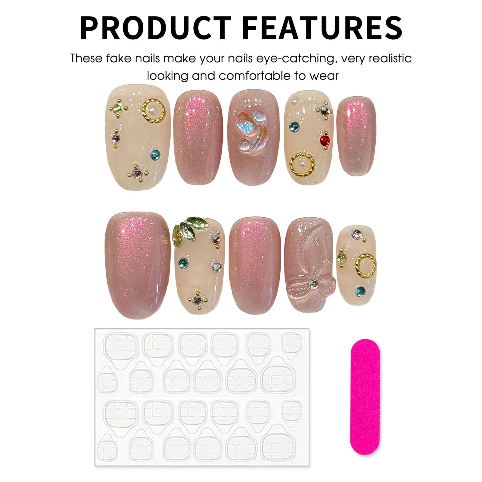 Faux ongles à pression Ovale Court Rose Diamants Lumineux - Faits main (Lot de 10)