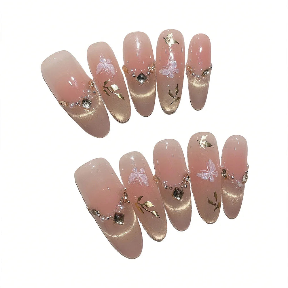 Faux ongles à pression Ovale Long Nude Rose Papillon Feuilles Dorées - Faits main (Lot de 10)