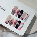 Faux ongles à pression Carré Long Noir et Rose Fleurs Sculptées 3D - Faits main (Lot de 10)