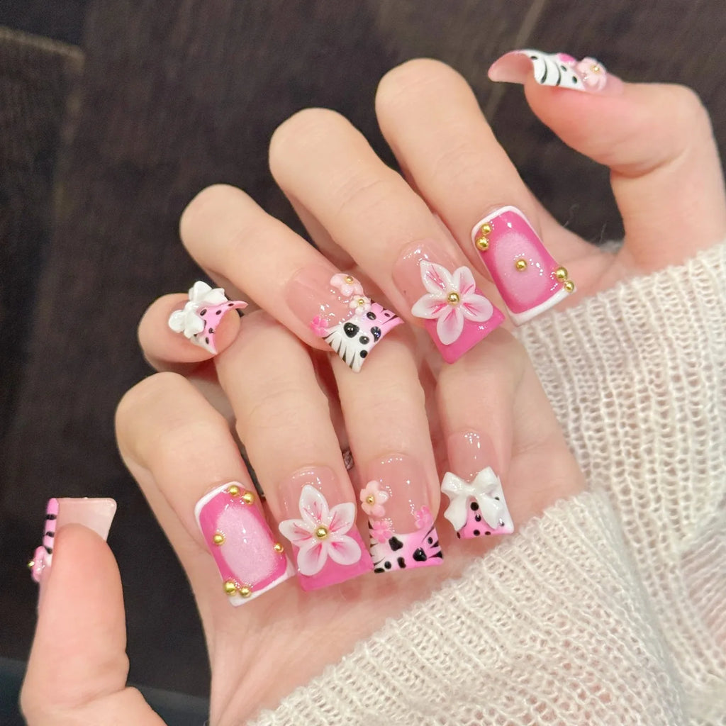 Faux ongles à pression Duck Moyen Rose Léopard Fleuri Style Girly - Faits main (Lot de 10)