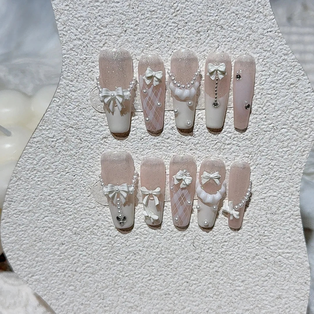 Faux ongles à pression Ballerine Long  Rose Nœud Ourson Style Coréen - Faits main (Lot de 10)