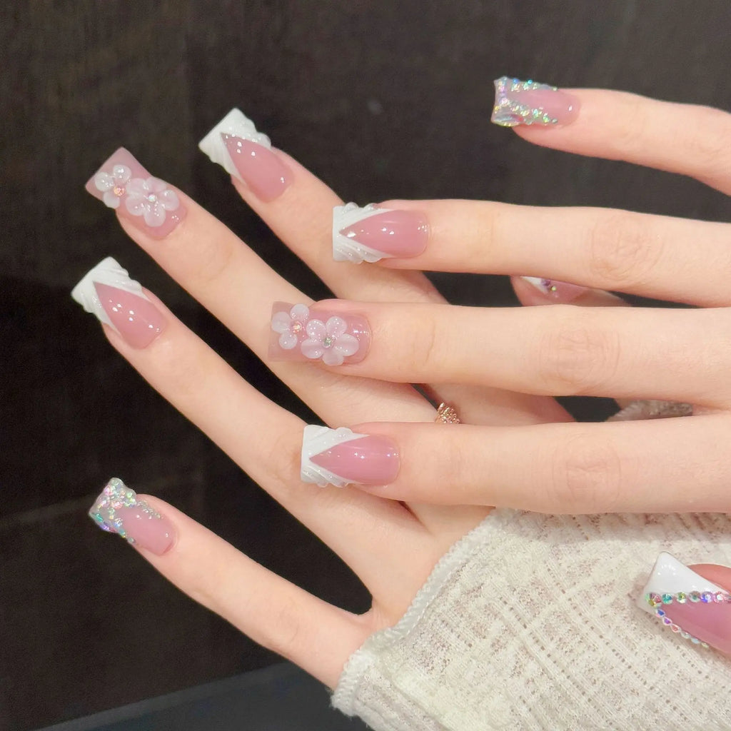 Faux ongles à pression Duck Moyen Rose Blanc French Fleurs 3D Diamants Colorés - Faits main (Lot de 10)