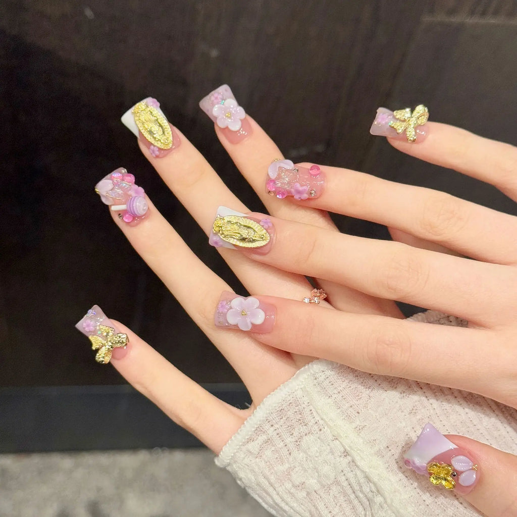 Faux ongles à pression Duck Moyen Duckbill Luxe Léger Sculpté 3D Diamant Doré - Faits main (Lot de 10)