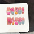 Long Square Press-On Nails Colorful Summer Flowers and Droplets