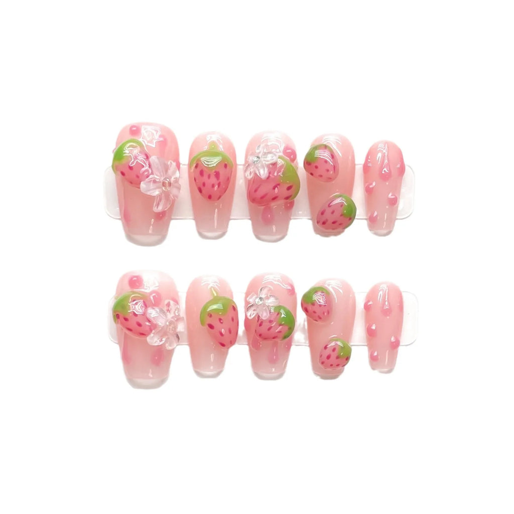 Faux ongles à pression Fraises et Fleurs Printanières - Faits main (Lot de 10)