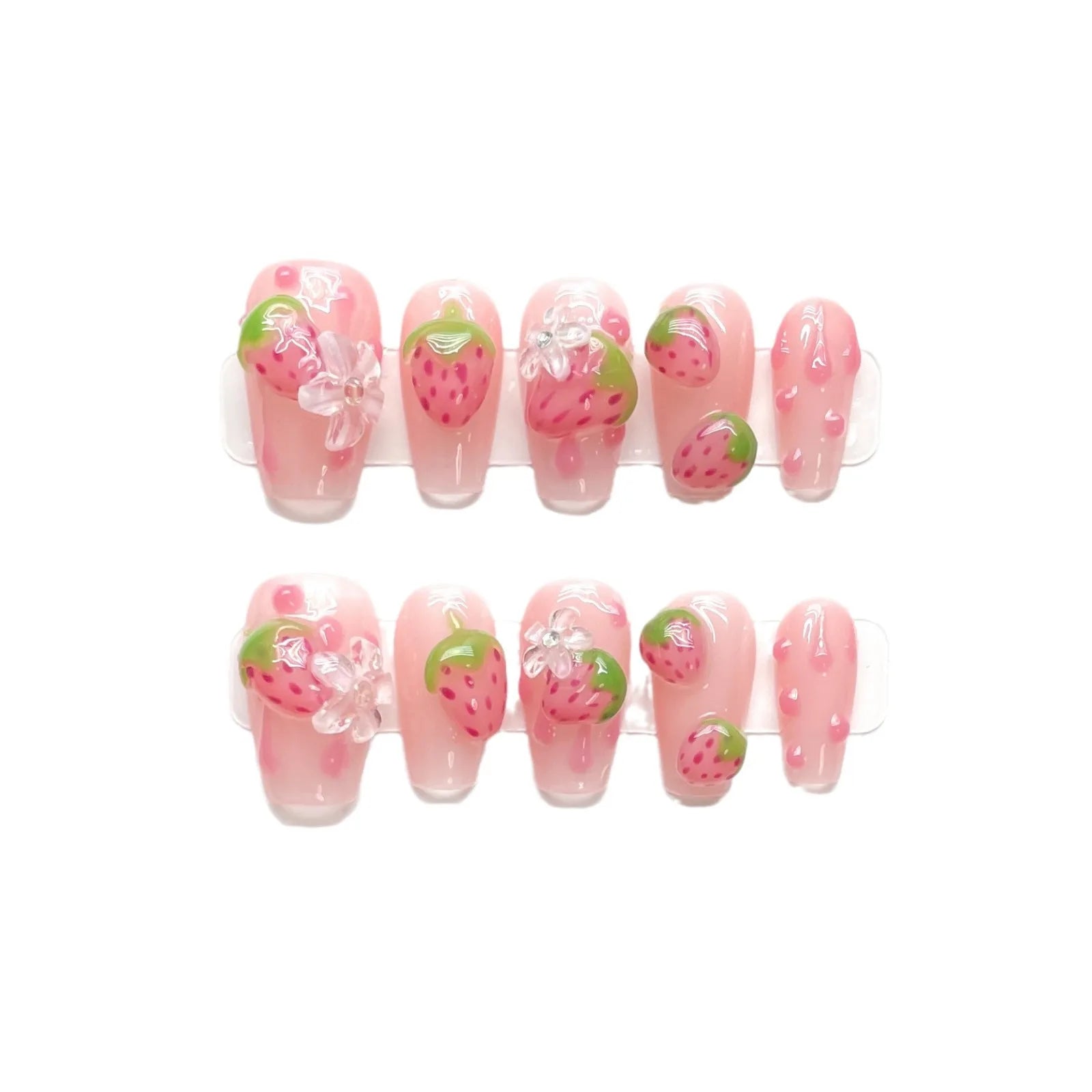 Faux ongles à pression Fraises et Fleurs Printanières - Faits main (Lot de 10)