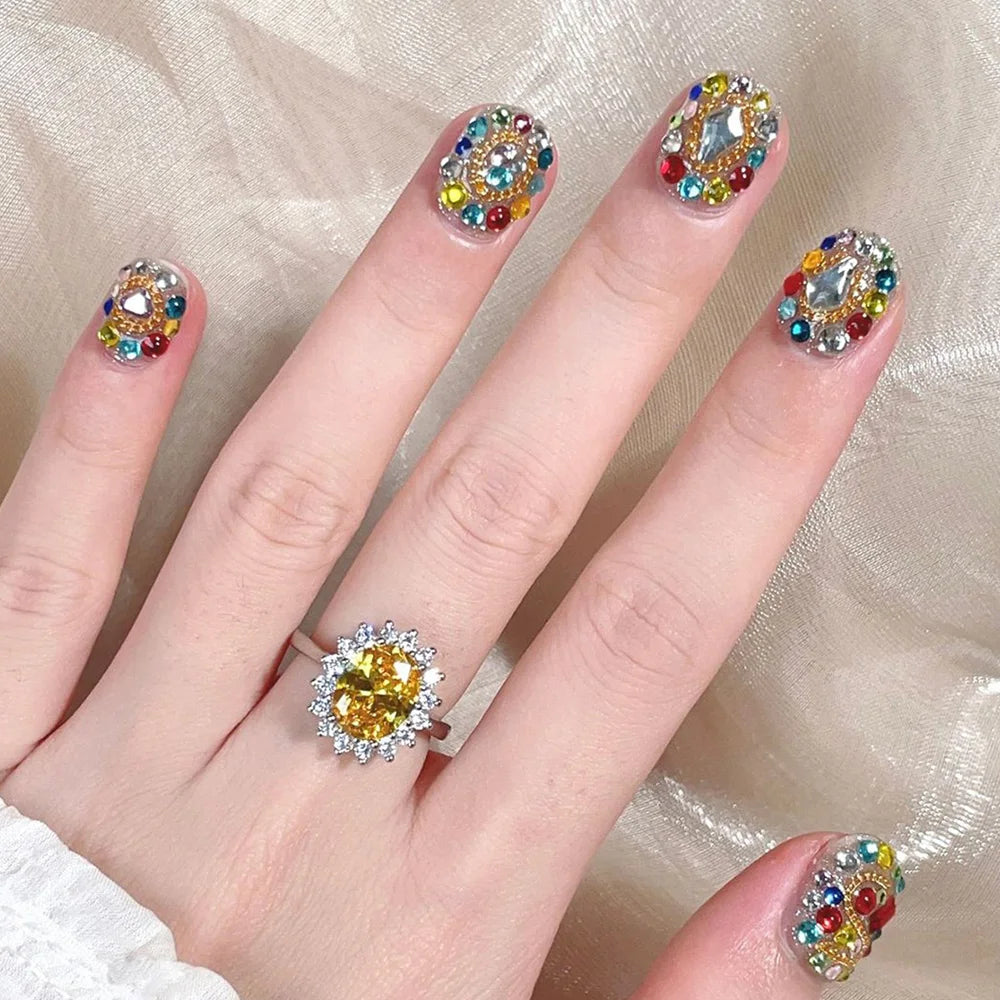 Faux ongles à pression -Carré Arrondie - Strass Multicolores Luxe – Faits main (Lot de 10)