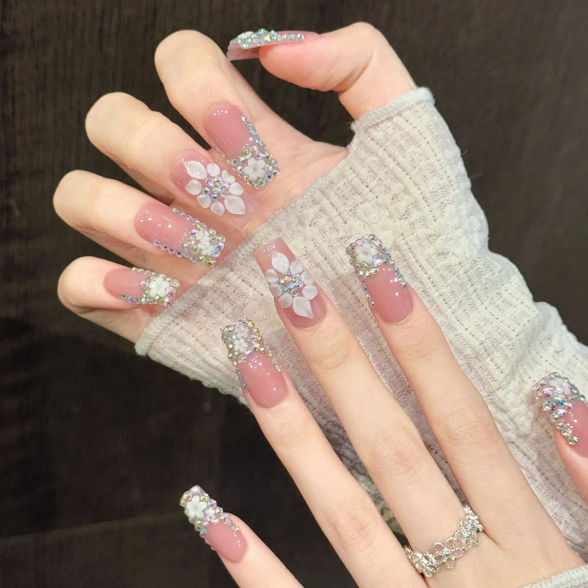 Faux ongles à pression Carré Long Nude Rose Sculpté 3D Diamants Luxe - Faits main (Lot de 10)
