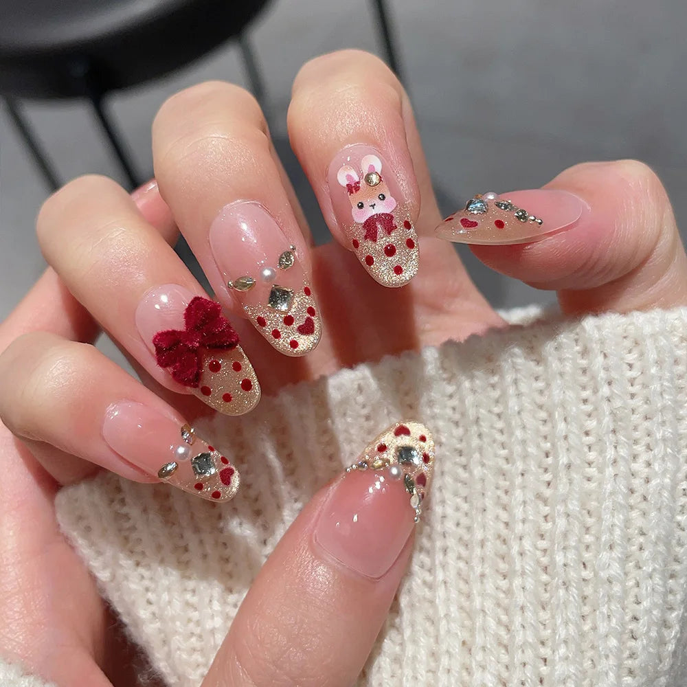 Faux ongles à pression en Amande - Nude Lapin Nœud Rouge Strass – Faits main (Lot de 10)