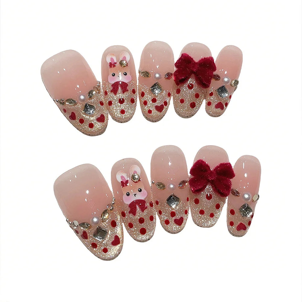 Faux ongles à pression en Amande - Nude Lapin Nœud Rouge Strass – Faits main (Lot de 10)