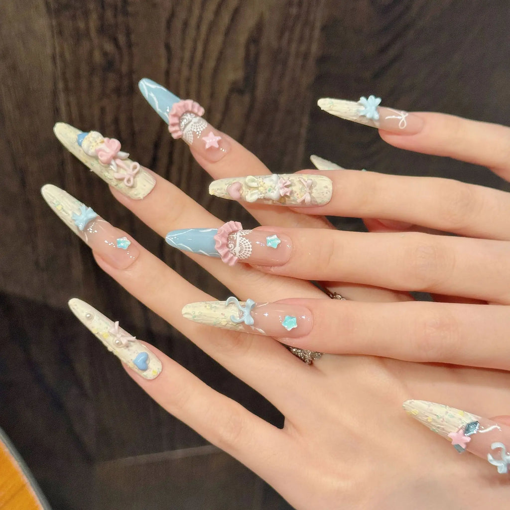 Faux ongles à pression Stiletto Long Ourson Lapin Cartoon Kawaii Pastel - Faits main (Lot de 10)